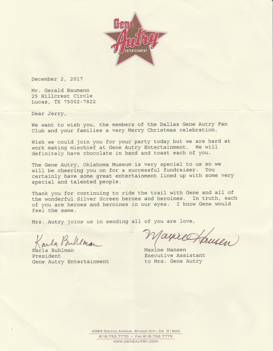 Gene Autry Office Letter